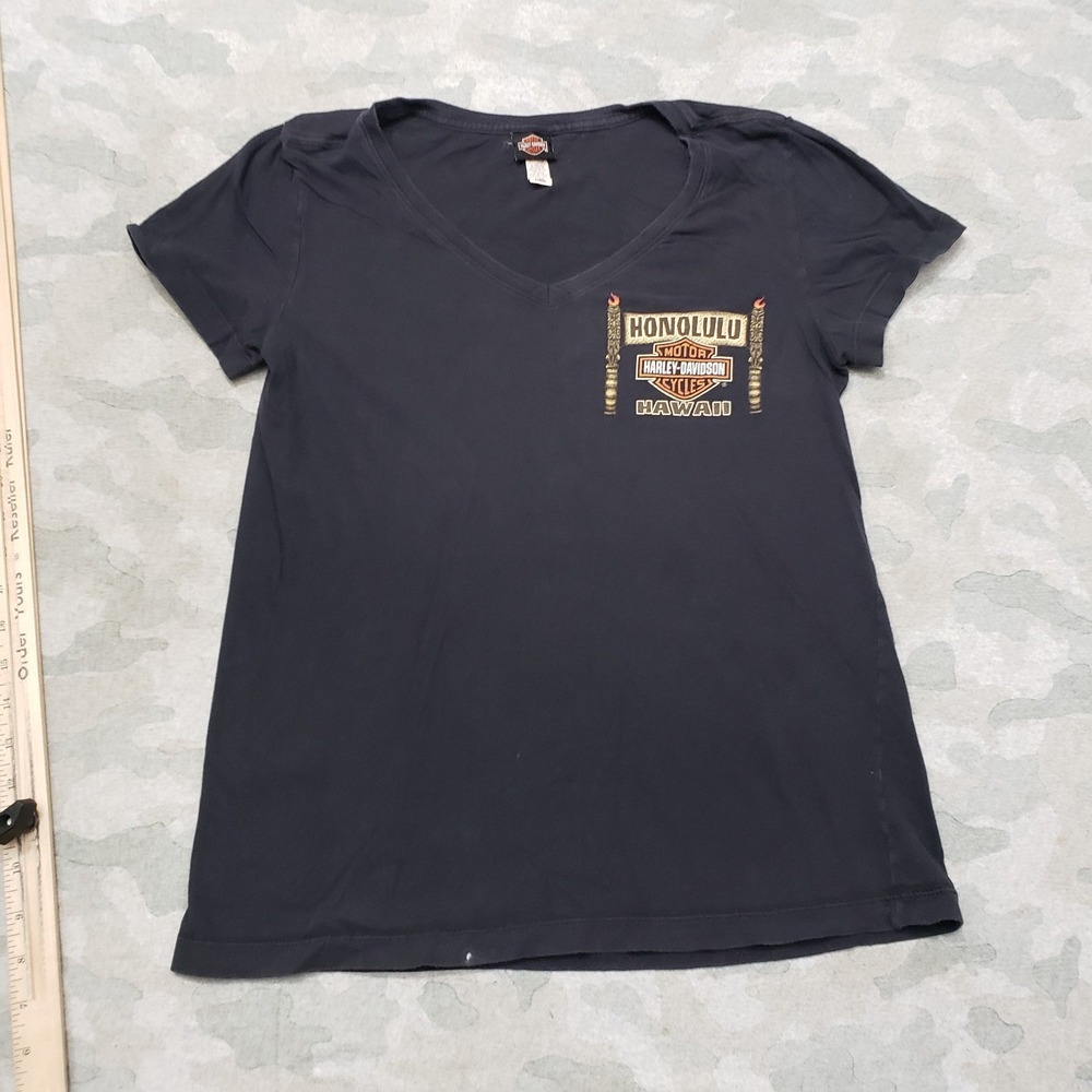 Harley Davidson Top Womens Medium Black V-Neck Short Sleeve Motorcycle